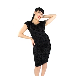 Vintage Inspired Fitted Black Damask Dress - Short Sleeve