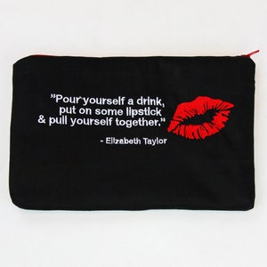 Monedero con citas bordadas, estuche para maquillaje, 23 x 15 cm (labio rojo)