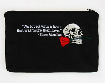 Embroidered Quotes Wallet Coin Make-up Pouch 9" x 6" - Skull and Rose