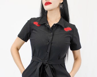 Capri Pin Up Red Rose Jumpsuit, One Piece Black Play Suit XS-3XL