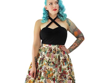 Pleated Circle Skirt - Day of the Dead Catrina Enmascarada