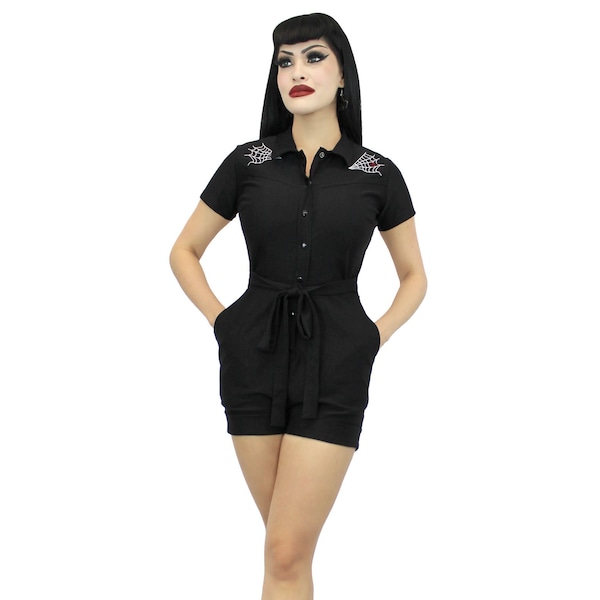 Stretchy Spiderweb Black Romper With Belt XS-3XL