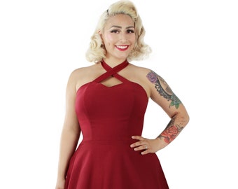 Burgundy Criss Cross Halter Dress XS-3XL