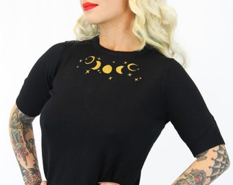 Vintage Inspired Embroidered Lunar Phases Black Moon Knit Top