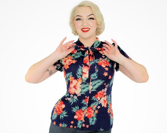Floral Tropical Top - Navy XS-3XL