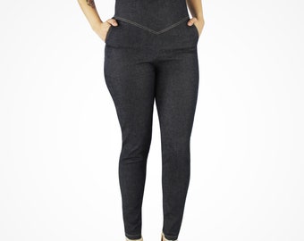 May include: A pair of dark blue high-waisted denim pants with a V-shaped seam at the front.
