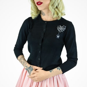 Embroidered Black Knit Sweater Cardigan Spiderweb Heart and Spider Rockabilly Button Up Sweater image 1