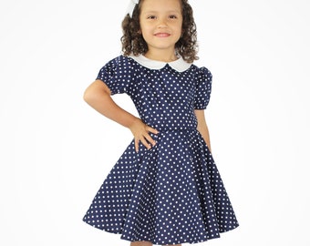 I Love Lucy Inspired Dress - Girl's Blue and White Polka Dot Dress