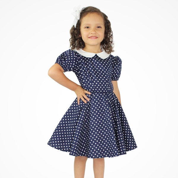 I Love Lucy Inspired Dress - Girl's Blue and White Polka Dot Dress