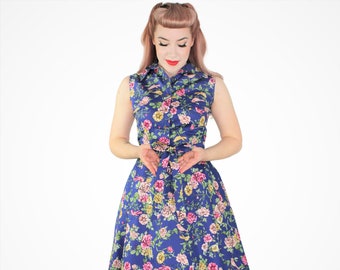 Blaues Blumen Kleid mit Taschen XS-3XL