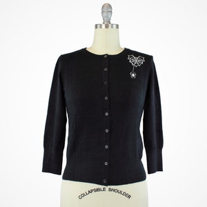 Embroidered Black Knit Sweater Cardigan Spiderweb Heart and Spider Rockabilly Button Up Sweater image 2