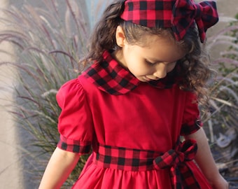 Vestido de cuadros rojos para niña (para las fiestas) / Diadema a juego opcional