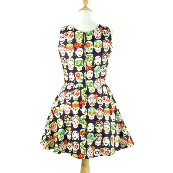 white christmas dresses Gothic Plus Size Christmas Holly Skull Print Split Pocket A Line Midi Dress Black / XXS main image 0