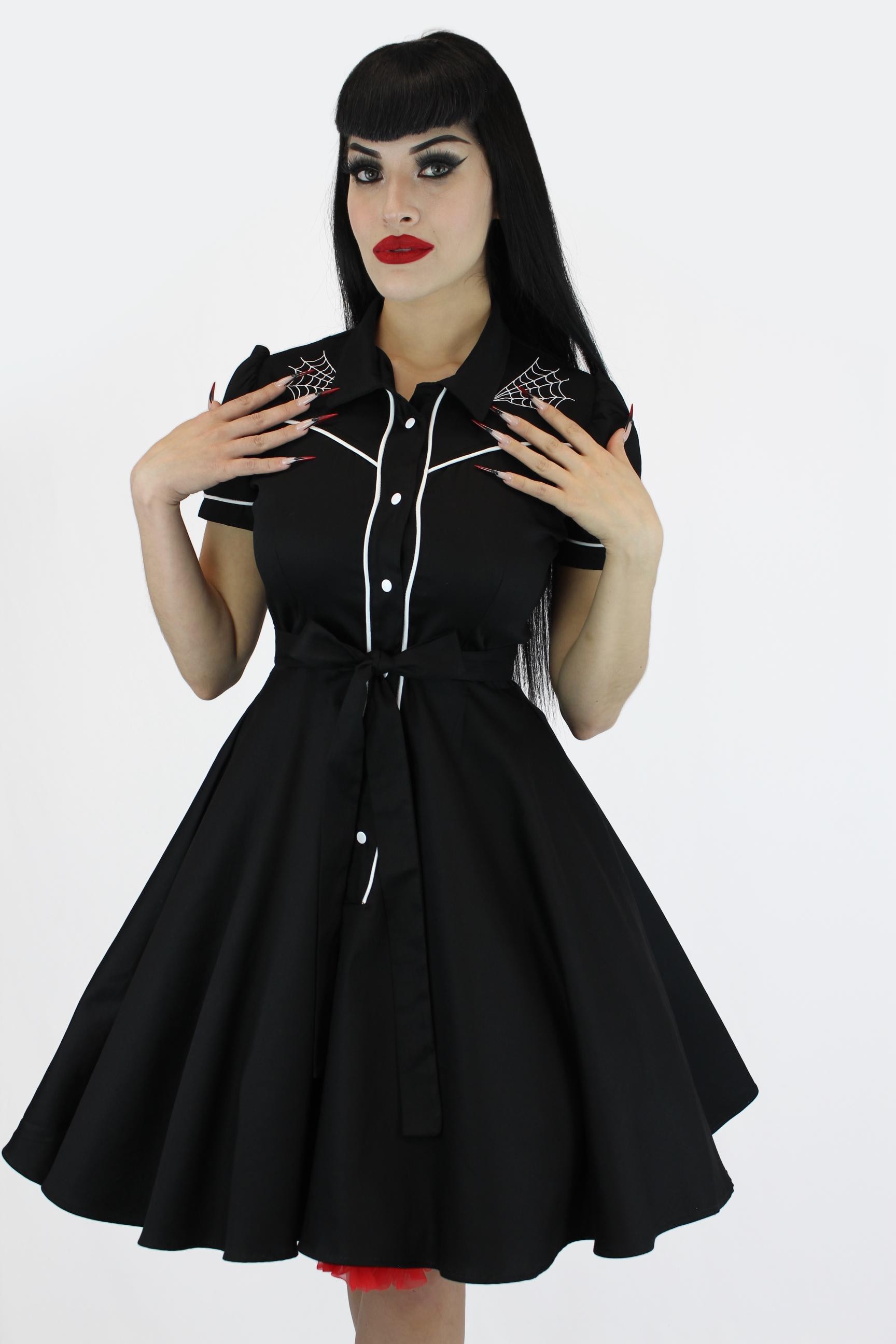 Black Dress With Spiderweb Embroidery Vintage Rockabilly Western