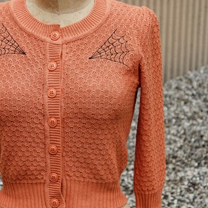 Embroidered Orange Knit Sweater Cardigan Spiderweb Rockabilly Button Up Sweater image 5