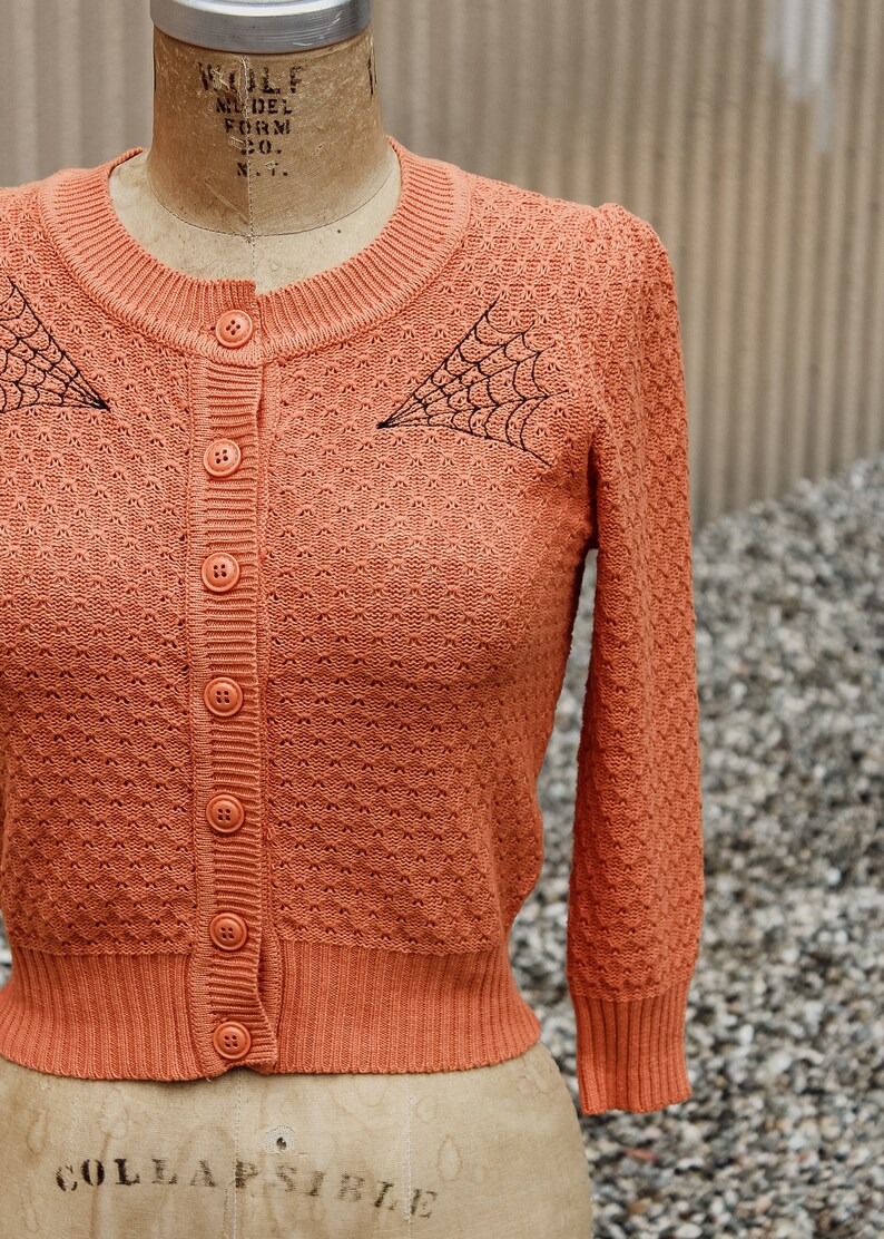 Embroidered Orange Knit Sweater Cardigan Spiderweb Rockabilly Button Up Sweater image 5