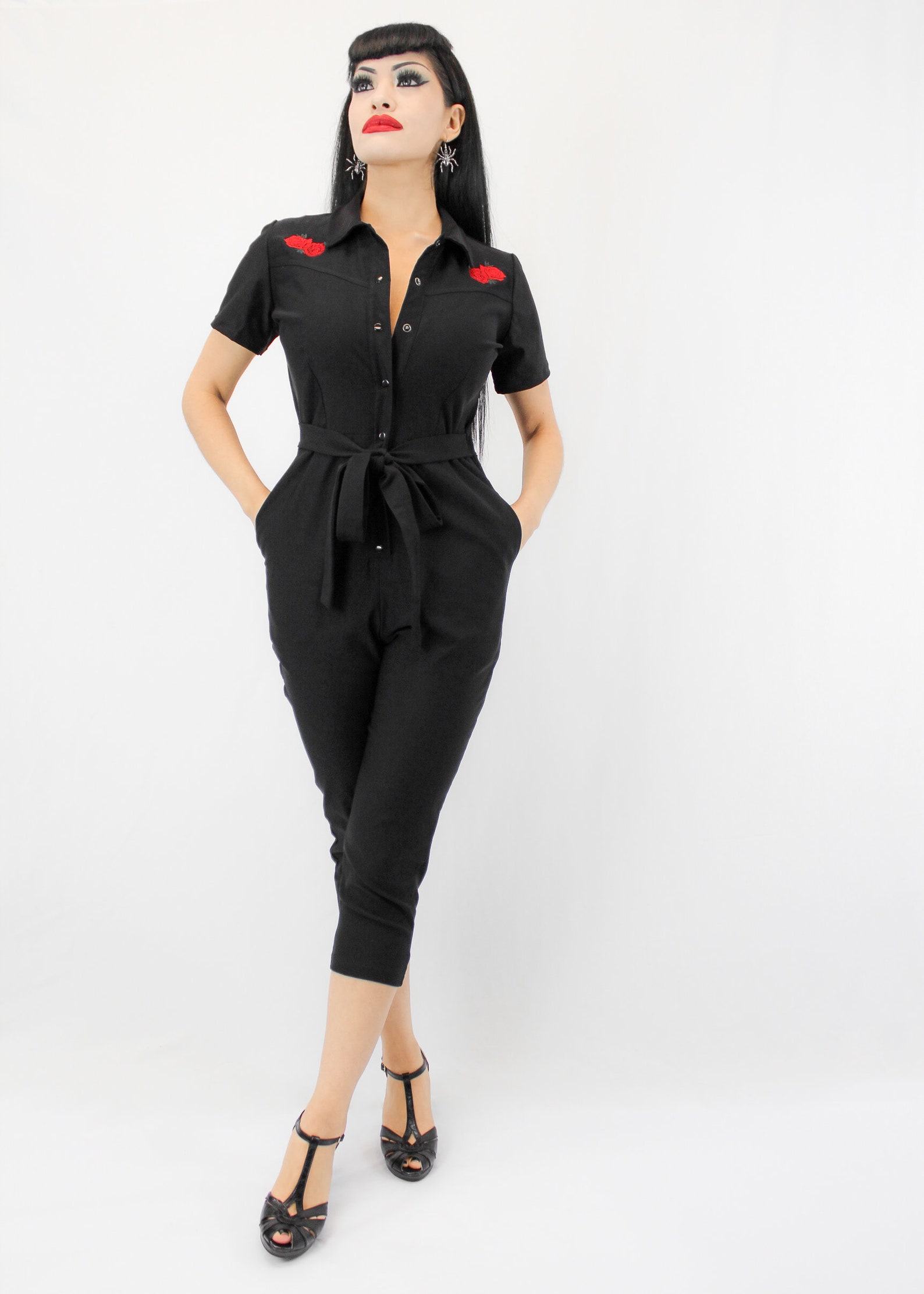 Capri Pin up Red Rose Jumpsuit, One Piece Black Play Suit XS-3XL - Etsy