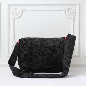 Black Damask Spooky Messenger Bag, Goth Halloween, Spooky Mom Diaper Bag, Victorian Style Crossbody Purse, Handmade Fabric Laptop Bag