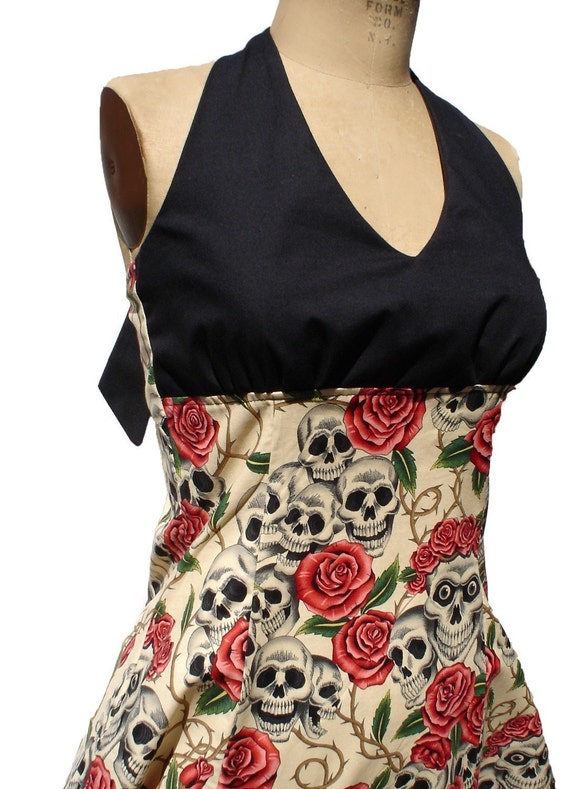 Vintage Inspired Beige Skulls & Roses Halter Dress - Etsy