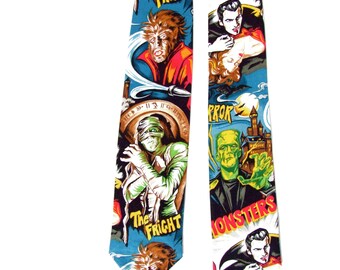 Hollywood Monster Vintage Horror Movie Pinup Frankenstein Mummy Necktie, Mens tie