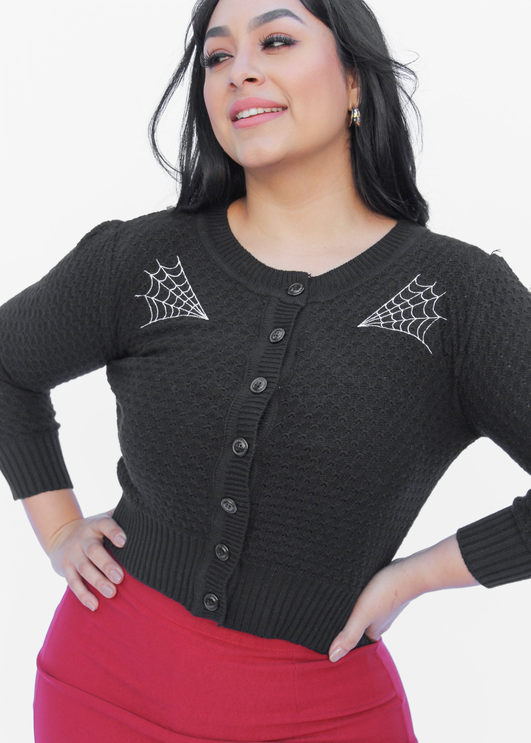 トップス FOR SOMEONE SPIDER KNIT CARDY Hell Bunny Black Spider Web Cardigan with Red Spider Accents
