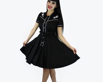 Black Dress with White Rose Embroidery Vintage Rockabilly Western Country Women Dress XS-3XL