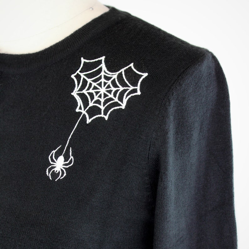 Embroidered Black Knit Sweater Cardigan Spiderweb Heart and Spider Rockabilly Button Up Sweater image 4