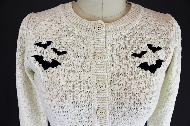 Embroidered Bat Sweater Cardigan - Ivory Pin up Vintage Inspired Button ...