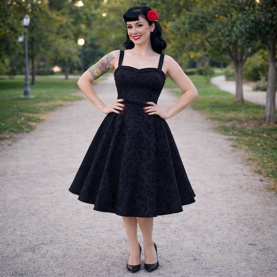 black vintage style cocktail dress Inspired 1950s Strap Damask Swing Dress, Rockabilly Midi Dress, Sweetheart Pin up Party With Full Skirt W/pockets XS-3XL Black Sequin Long Sleeve The Creepy Collection 1X while supplies last Size:S (UK 8)