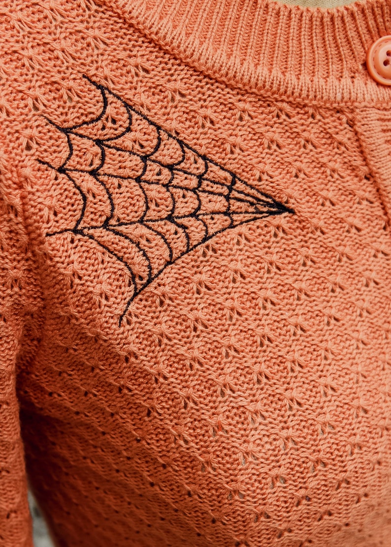 Embroidered Orange Knit Sweater Cardigan Spiderweb Rockabilly Button Up Sweater image 7