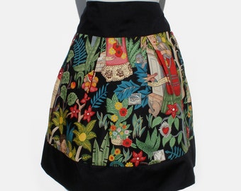 Black Frida Mexican Inspired Flowers and Animals Skirt Black - Thick Sateen Band Skirt