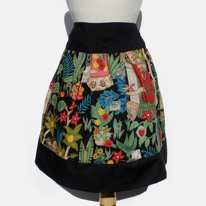 Black Frida Mexican Inspired Flowers and Animals Skirt Black - Thick Sateen Band Skirt 
