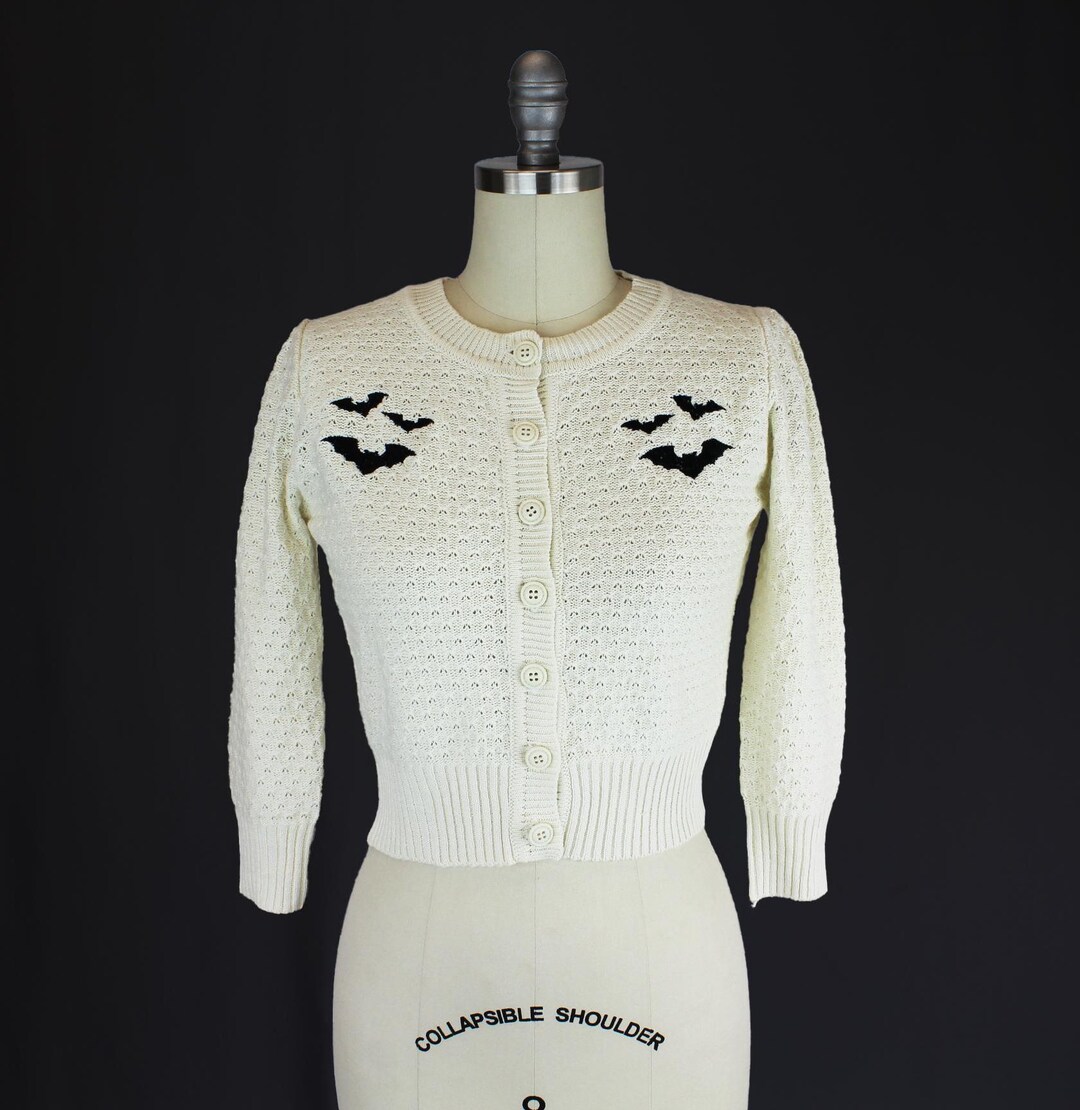Embroidered Bat Sweater Cardigan - Ivory Pin up Vintage Inspired Button ...