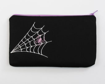 Halloween Embroidered Make-up Pouch 7.5" x 4.5" - Lavender or Burgundy Spider Design