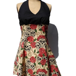 Vintage Inspired Beige Skulls & Roses Halter Dress