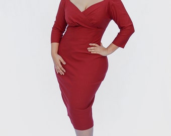 Fitted Burgundy Pencil Dress XS-3XL