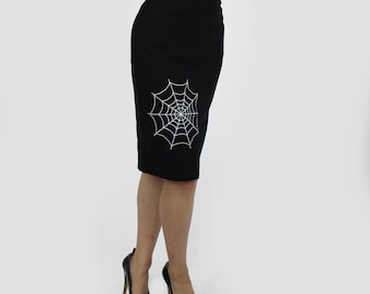 Gonna a tubino elasticizzata nera con ricamo a ragnatela, stile pin-up, ispirata al vintage, stile Halloween, anni '50