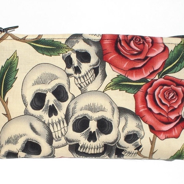 Roses and Thorns Beige  / Dia de los Muertos Skulls and Roses Wallet/ Makeup Bag / Coin purse