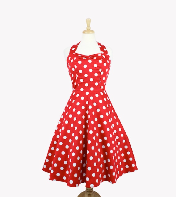 strapless open back dress Berrylush Women Red & White Polka Dot Printed V-Neck Fit & Flare Mini