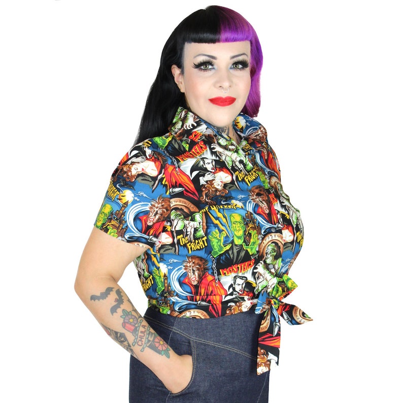 Vintage Retro Halloween Themed Clothing Hollywood Monsters Horror Knot Top XS-4XL $41.95 AT vintagedancer.com