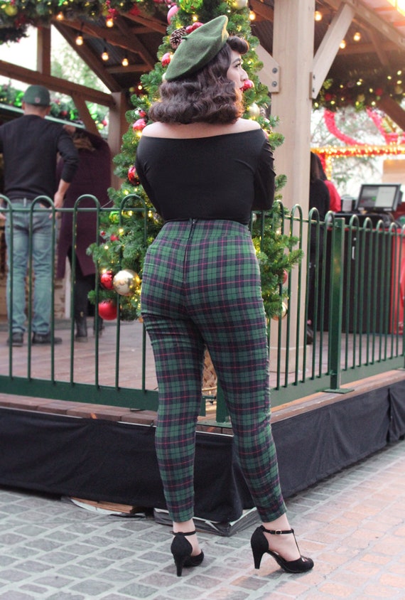 Pin up Pants, Green and Navy Plaid High Waist Pant XS-2XL 