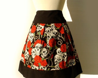 Black Skulls and Roses Tattoo Skirt - Day of the Dead Pin Up Skirt - Thick Sateen Band Skirt