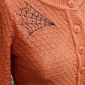 Embroidered Orange Knit Sweater Cardigan Spiderweb Rockabilly Button Up Sweater image 6