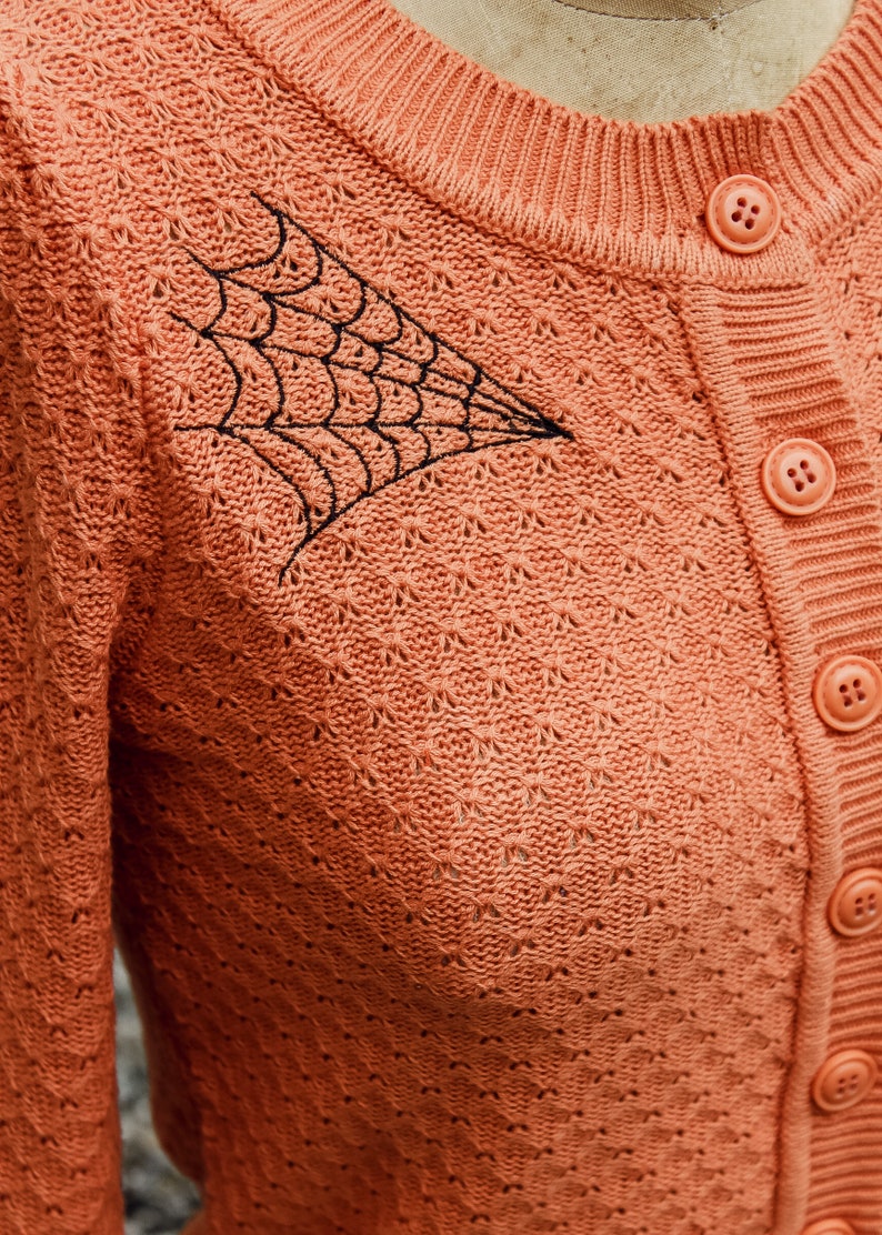 Embroidered Orange Knit Sweater Cardigan Spiderweb Rockabilly Button Up Sweater image 6