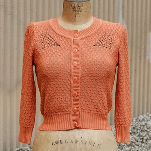 Embroidered Orange Knit Sweater Cardigan Spiderweb Rockabilly Button Up Sweater image 3