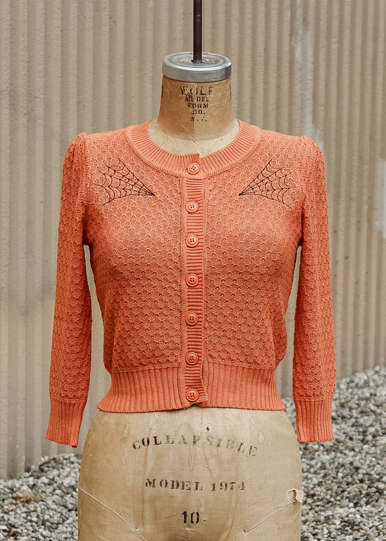 Embroidered Orange Knit Sweater Cardigan Spiderweb Rockabilly Button Up Sweater image 3