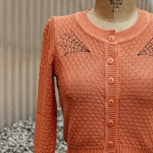 Embroidered Orange Knit Sweater Cardigan Spiderweb Rockabilly Button Up Sweater image 4