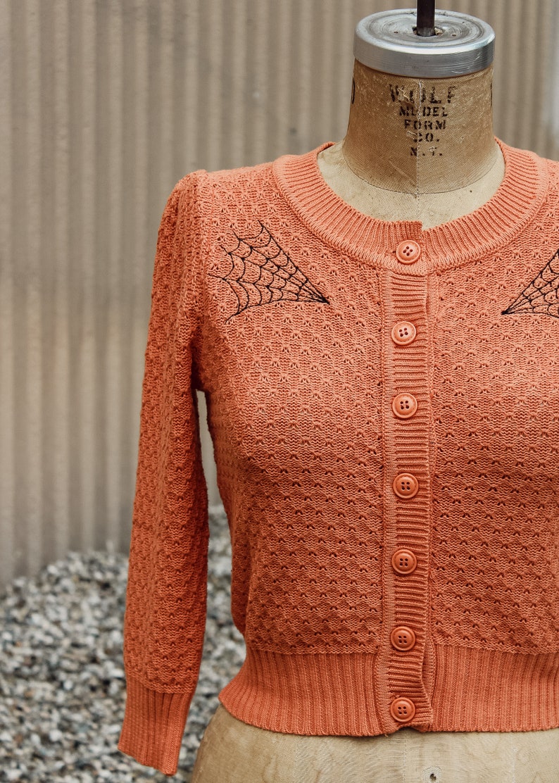 Embroidered Orange Knit Sweater Cardigan Spiderweb Rockabilly Button Up Sweater image 4