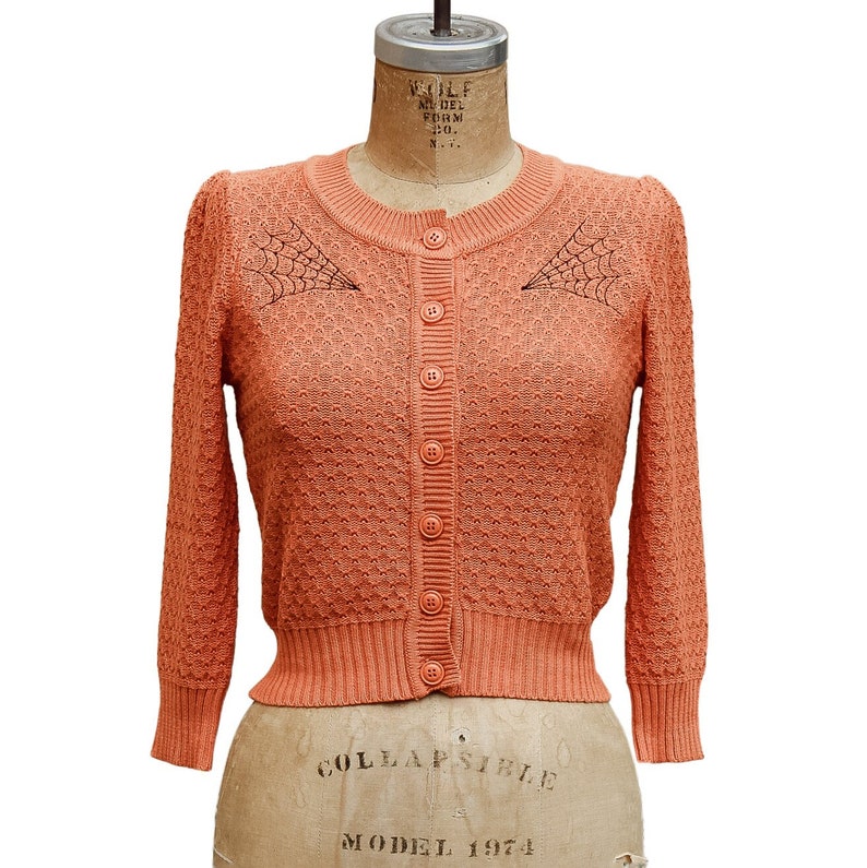 Embroidered Orange Knit Sweater Cardigan Spiderweb Rockabilly Button Up Sweater image 1