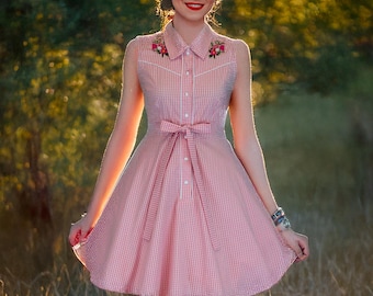Rosa Gingham Western Vintage Ärmelloses Kleid | Rockabilly Pin-Up Kleid XS–3XL, Retro 50er Jahre Sommerkleid